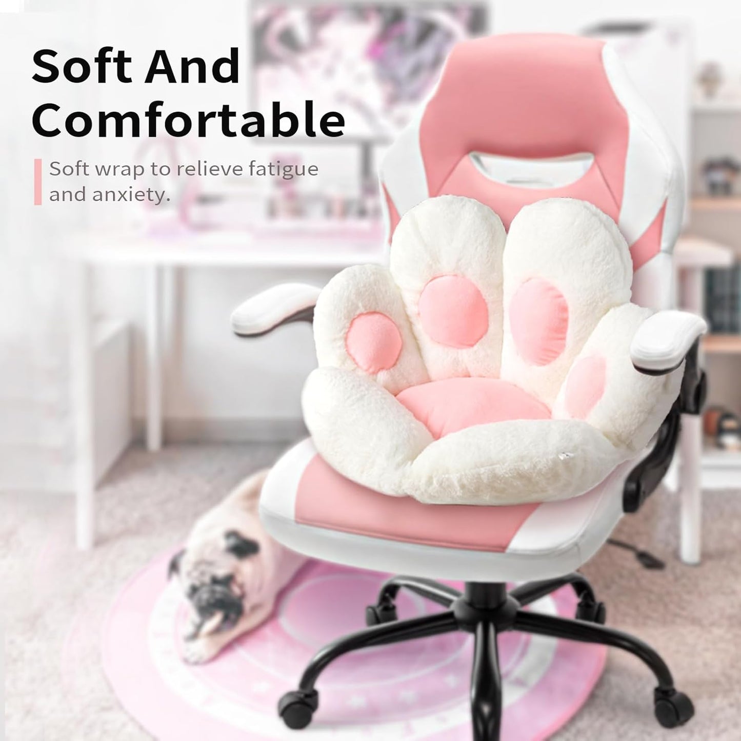 Kawaii Cat Paw Cushion - Adorable 31.4"x27.5" Comfy Chair Pad for Gaming, Office & Home Decor - Soft White Floor Pillow