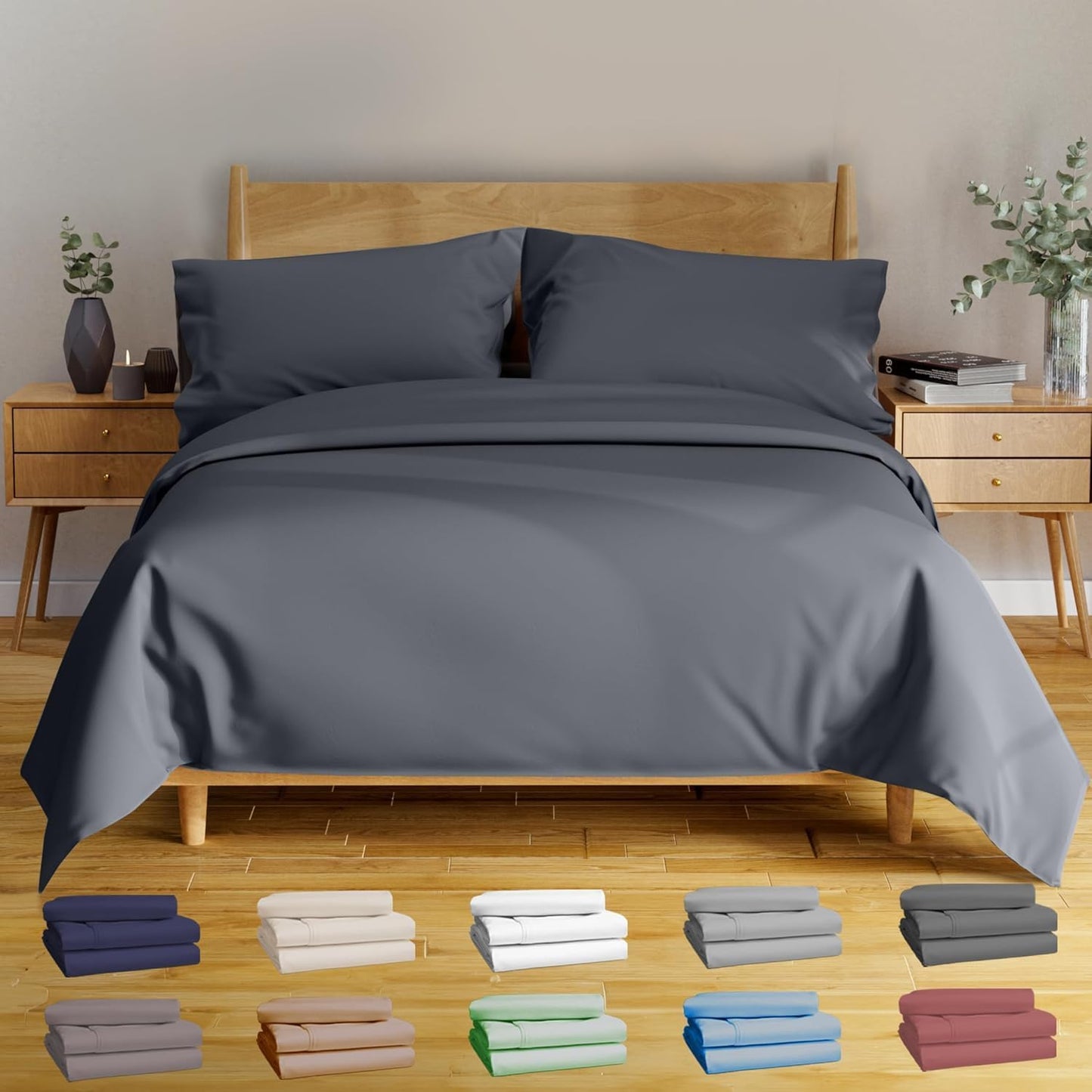 4Pcs - 100% Viscose Derived from Bamboo Sheets Full Size Sheets Set - Super Soft Viscose Bamboo Cooling Sheets for Hot Sleepers - up to 16’’ Deep Pocket - Luxury Series Full Sheet Set (S Gray)