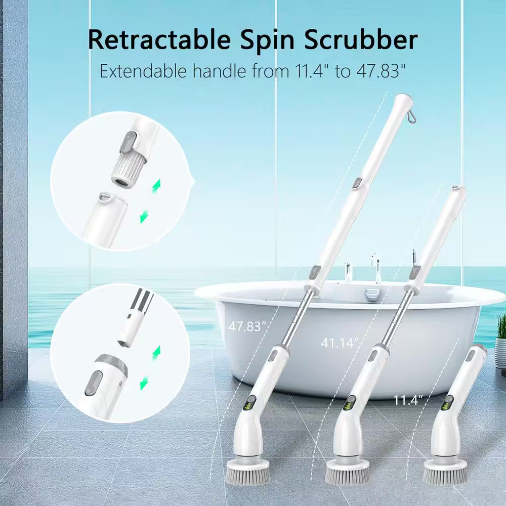 Electric Spin Power Scrubber, Waterpoof Cleaning Scrub Brush with 4 Brush Heads, Adjustable Handle for Bathroom, Floor